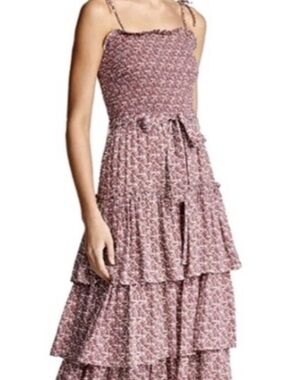 Tory Burch Red Floral Smocked Tiered Maxi Dress